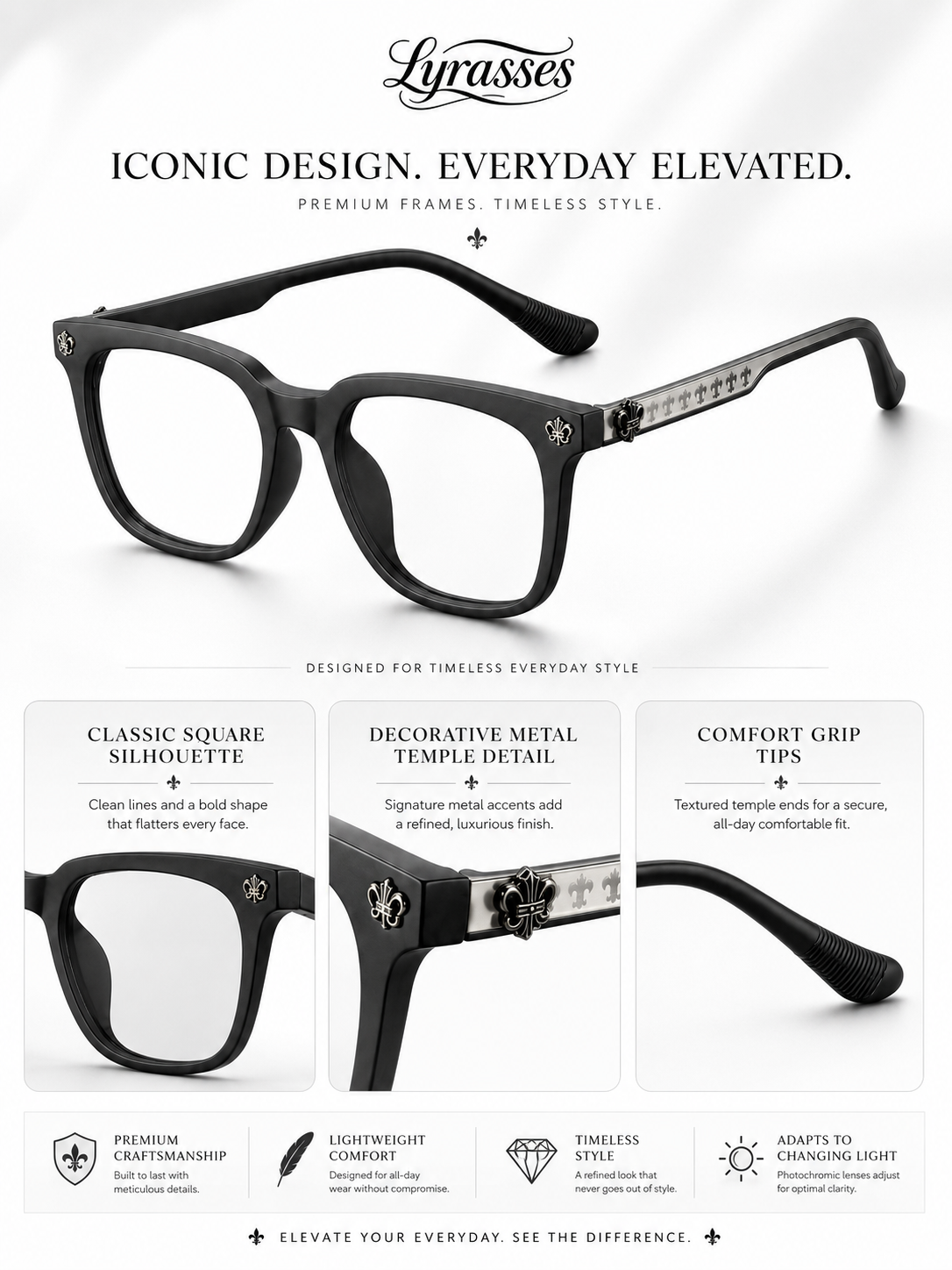 Lyrasses 2.0 Gothic Crux Glasses Available in Grey/ Bright Black/ Black/ White
