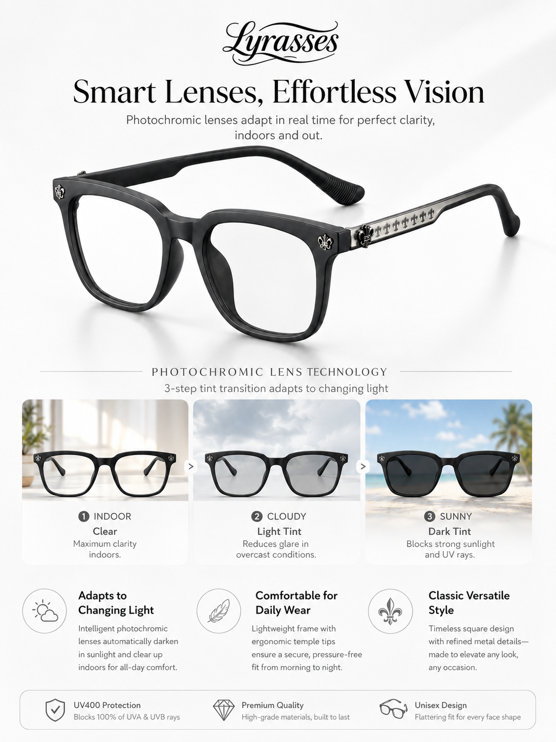 Lyrasses 2.0 Gothic Crux Photochromic Glasses Available in Grey/ Bright Black/ Black/ White