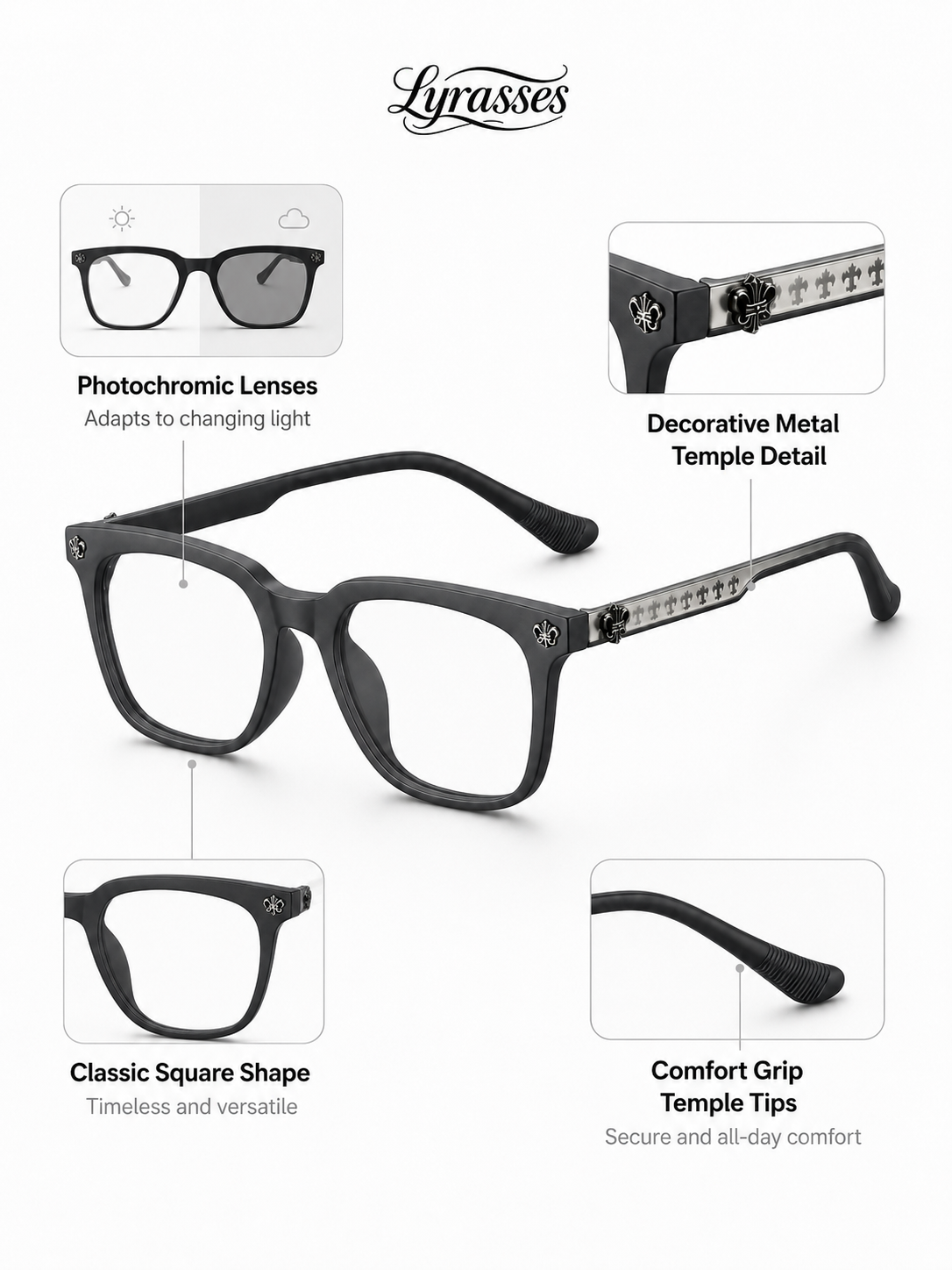 Lyrasses 2.0 Gothic Crux Photochromic Glasses Available in Grey/ Bright Black/ Black/ White
