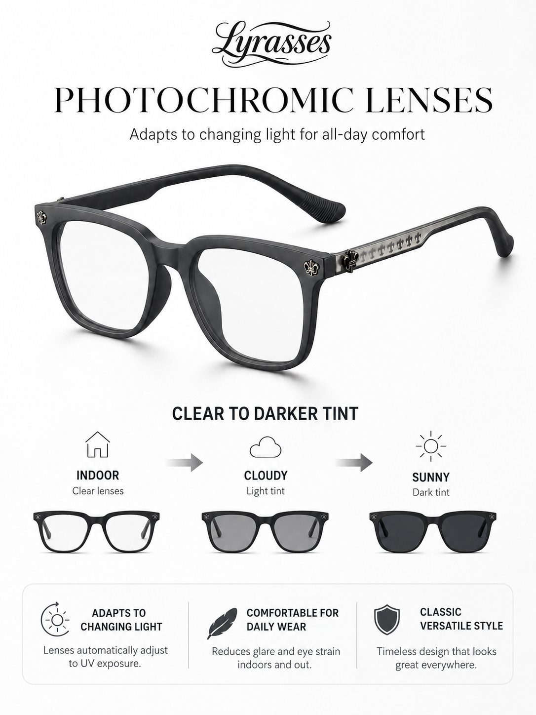 Lyrasses 2.0 Gothic Crux Photochromic Glasses Available in Grey/ Bright Black/ Black/ White